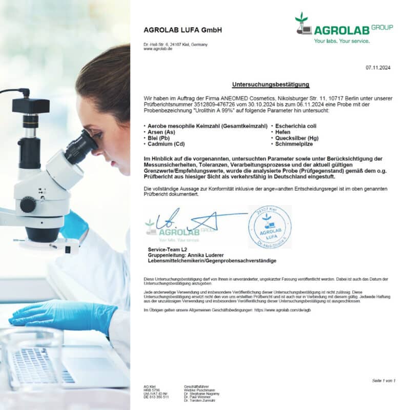 ANEOMED Cosmetics Urolithin A 99% Zertifikat zur Verkehrsfähigkeit und Lebensmittelsicherheit Charge No URA30072024 ( 7-3512809 ) Agrolab